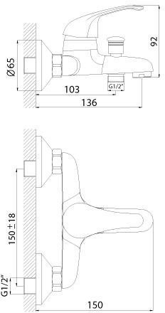 Смеситель ванно-душевой Rossinka A35-31 одноручный (35мм) с кор. изливом хром